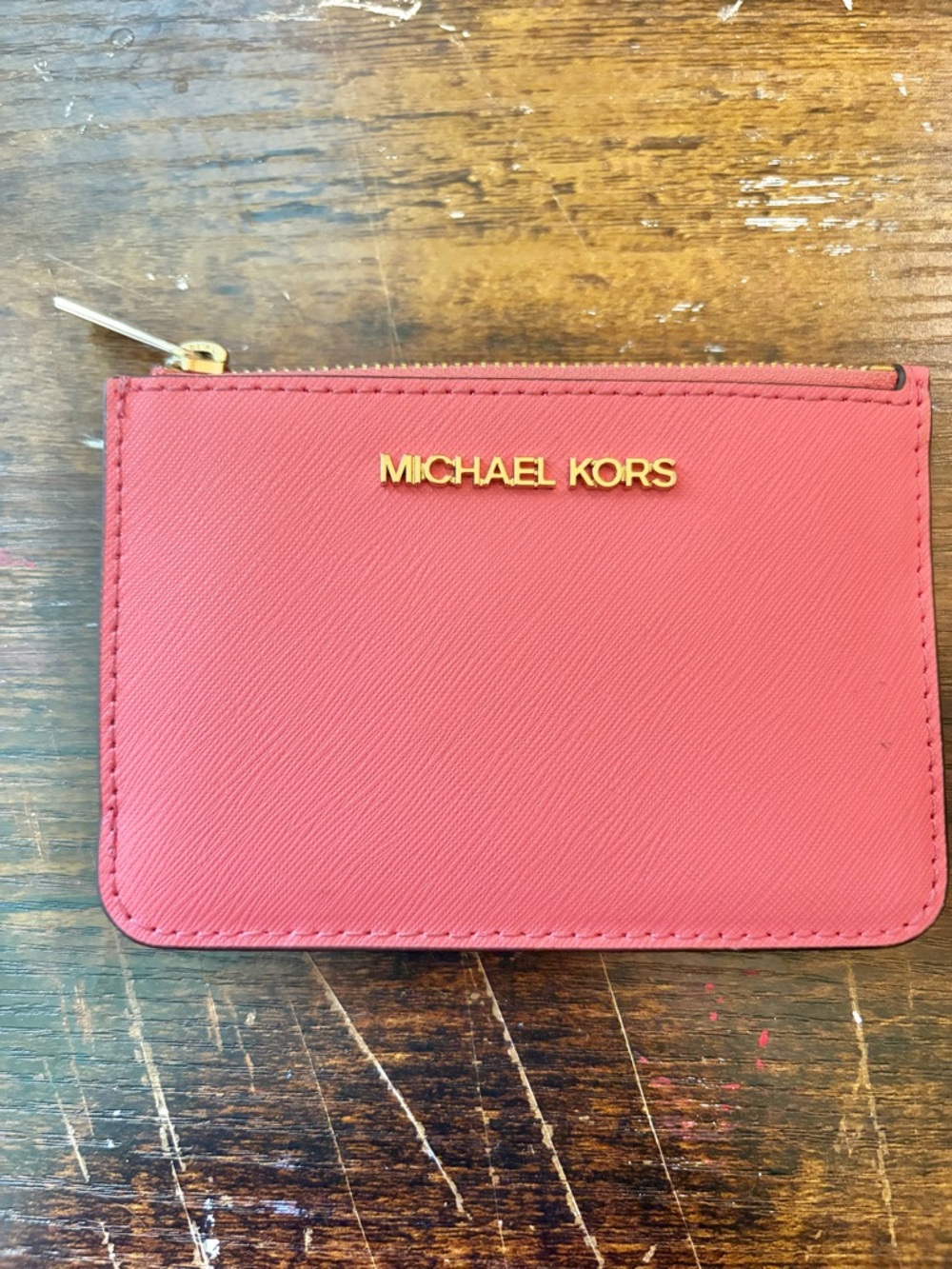 Michael Kors Coral Pink Zip Card Case with Gold Logo